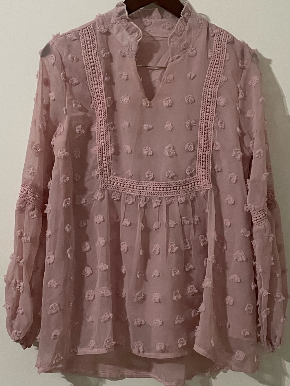 SHEIN Pink Swiss Dot Crochet Lace Boho Blouse - Size Medium - Picture 2 of 7